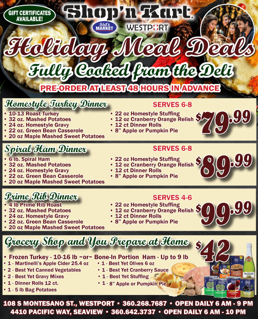 Holiday Meal Deals fully cooked from the deli. Pre order at least 48 hrs in advance