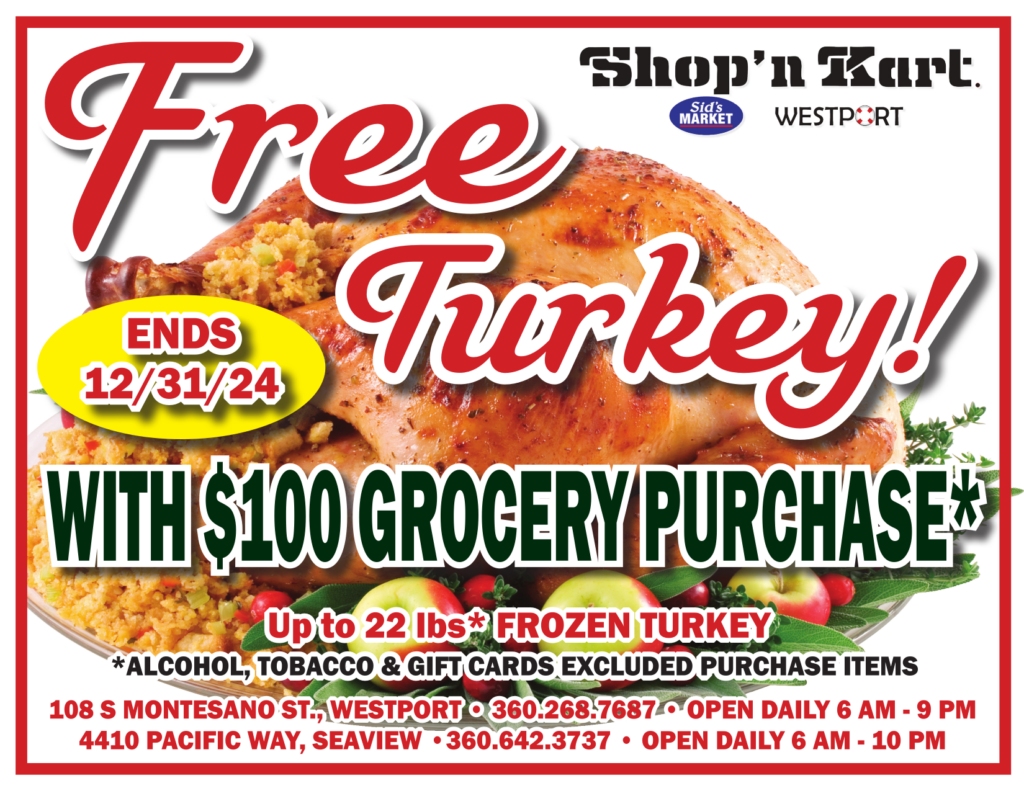 free turkey with $100 grocery purchase up to 22 lbs frozen turkey. 
Alcohol tobacco & gift cards are excluded purchase items.
Ends 12/31/2024